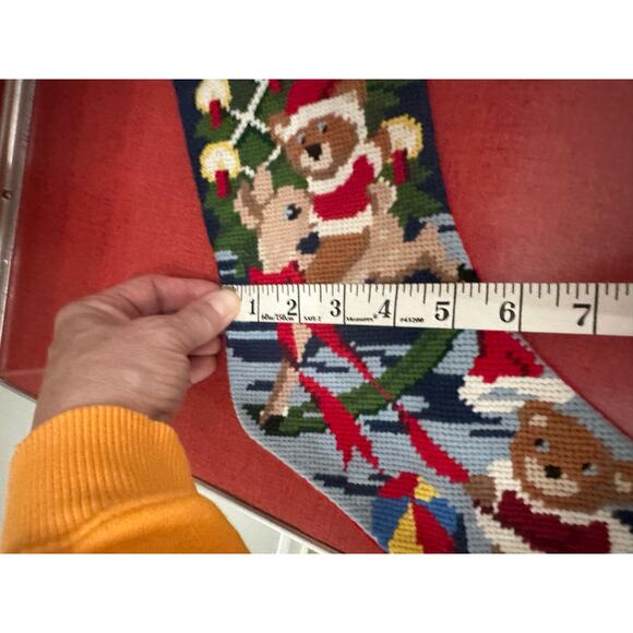 NOEL Needlepoint Embroidered Christmas Stocking with Bears & Reindeer Holiday - Picture 2 of 5